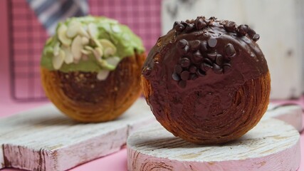 Selective focus Cromboloni is a Croissant Bomboloni bread, viral bread at Indonesia