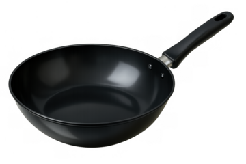Black non-stick wok pan for asian stir-frying and diverse cooking tasks, kitchen utensil with handle on transparent background