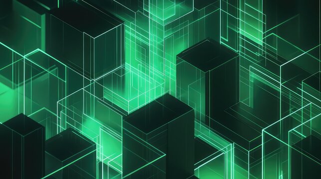 Abstract green glowing blocks forming digital architecture