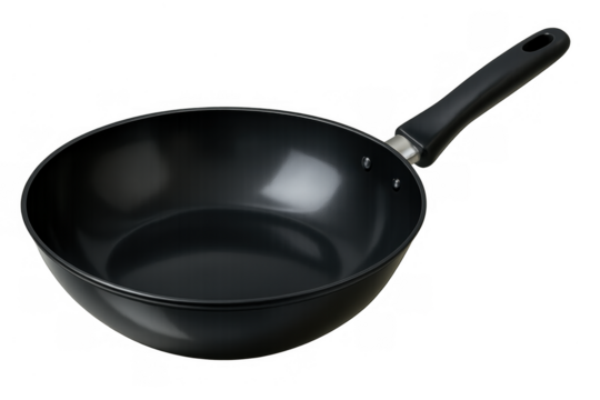 Black non-stick wok pan for asian stir-frying and diverse cooking tasks, kitchen utensil with handle on transparent background - Powered by Adobe