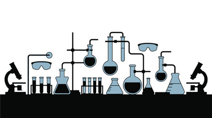 Chemistry laboratory setup with various flasks, beakers, test tubes