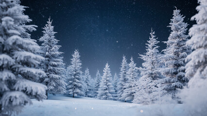 Enchanting night scene of a snowy forest with frosted pine trees and glistening snow creating a tranquil winter wonderland under a deep blue sky.