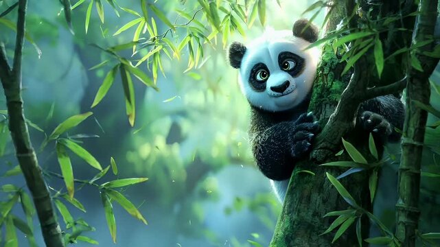 A vivid portrayal of a panda in a lush, green forest setting. The panda is perched on a tree trunk, surrounded by bamboo shoots and leaves.