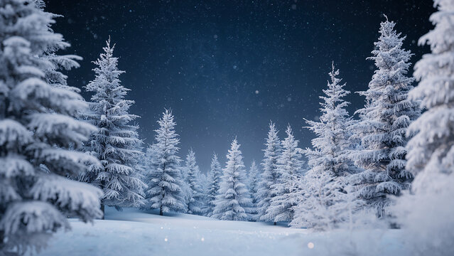 Enchanting night scene of a snowy forest with frosted pine trees and glistening snow creating a tranquil winter wonderland under a deep blue sky.