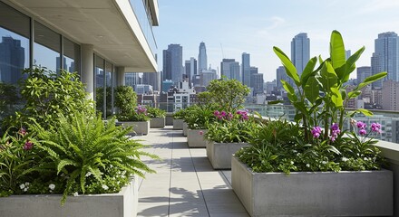 Fototapeta premium Lush rooftop garden with vibrant plants and a stunning city skyline view creating a serene urban