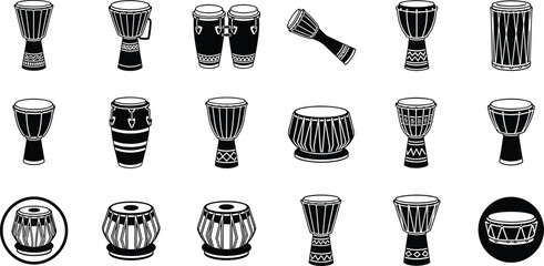 Set of ethnic drum silhouette icons, hand percussion instrument vector collection, tribal music elements, black flat illustration, rhythm sound design, CAD drawing, festival and art concept