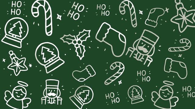 Doodle christmas line drawings on green background ideal for holiday cards, wrapping paper, festive promotions, and seasonal social media posts.