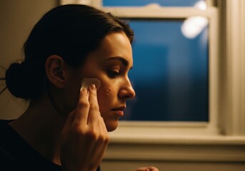 Woman applying toner with cotton pad in evening skincare routine