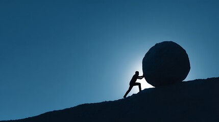 High quality image of silhouette of man pushing large boulder uphill against a blue sky.