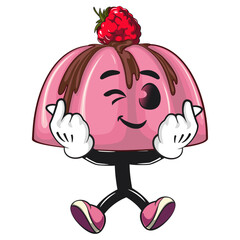 cute pink jelly dessert mascot cartoon vector food illustration, adorable raspberry pudding character with Chocolate Topping two hands giving a sign of love, work of hand drawn