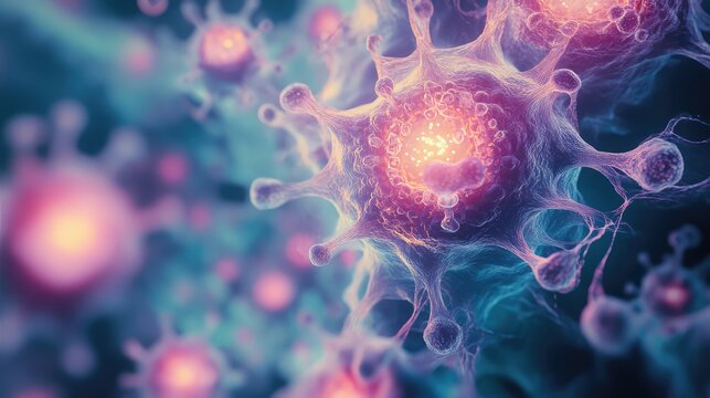 Microscopic virus or bacteria cell dividing and spreading - Powered by Adobe