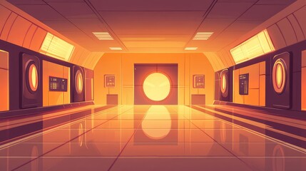 Spaceship interior corridor with vibrant orange light