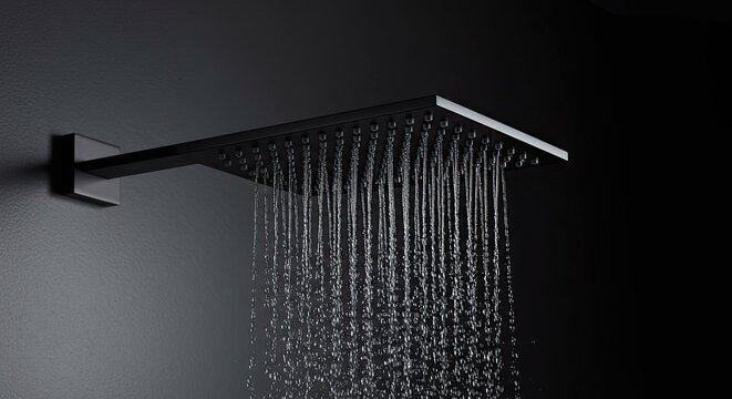 Modern square shower head with running water against a dark bathroom wall backdrop