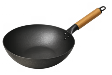 Carbon steel wok with wooden handle on transparent background, essential cookware for asian cuisine and stir-fry cooking