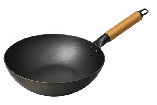 Carbon steel wok with wooden handle on transparent background, essential cookware for asian cuisine and stir-fry cooking