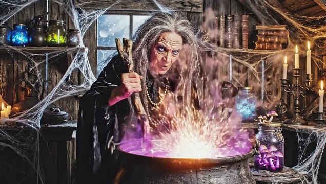 A mature witch casts a powerful spell while brewing a potion inside a dark cottage cabin.
