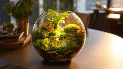 A lush globe terrarium with vibrant greenery, showcasing nature in a contained ecosystem. travel magazines, destination branding, designed for outdoor magazines and nature guides.