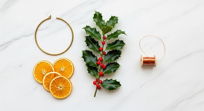 Decorative Christmas Wreath Materials with Oranges and Holly - Powered by Adobe