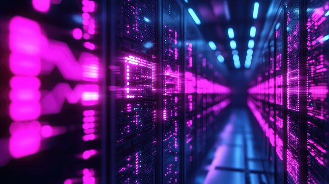 Data center server racks storing big data with glowing neon lights