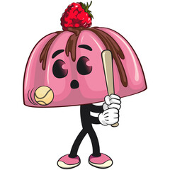 cute pink jelly dessert mascot cartoon vector food illustration, adorable raspberry pudding character with Chocolate Topping playing baseball ready to hit the ball with the bat, work of hand drawn