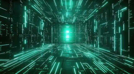 Digital data flowing through abstract green cyberspace tunnel