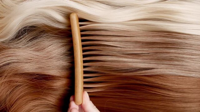 Light hair design, movement of a woman's hand, combing long curly light blonde hair. Hair restoration or care and barbershop or hairdressing concept. Beauty and glamour. Healthy shiny hairs. 4k