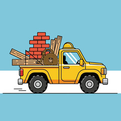 A yellow contractor pickup truck hauling a full load of construction materials including lumber, bricks, and rope to a building job site