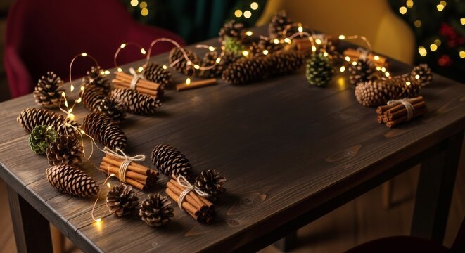 Rustic christmas decoration with pine cones, cinnamon sticks, and string lights on wooden table