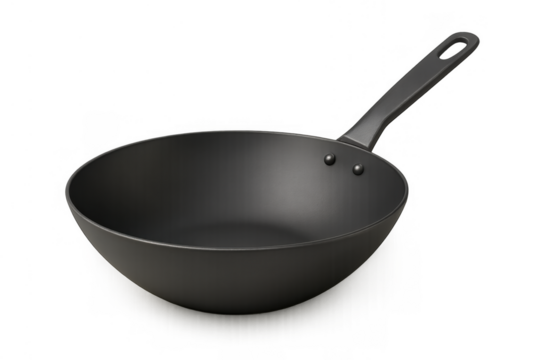 Black wok pan with handle, cooking utensil for stir-frying food, kitchenware on transparent background