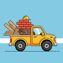 A yellow pickup truck hauling construction materials for a building project. Vector illustration of a work vehicle loaded with lumber, bricks, and a hard hat