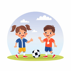 Fototapeta premium Vector Illustration of Two Happy Children, a Boy and a Girl, Enjoying a Friendly Soccer Match on a Sunny Day