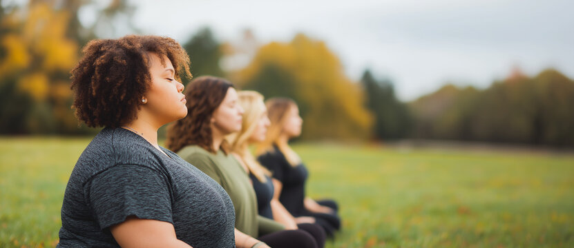 Group of diverse women meditating together in an autumn park with copy space