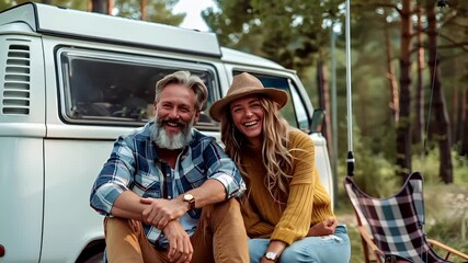 A candid shot of two individuals sharing a moment of joy in front of a white van. The man on the left is wearing a blue and white checkered shirt, a brown leather jacket.