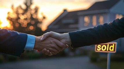 Real estate deal closing with handshake in front of a sold house sign