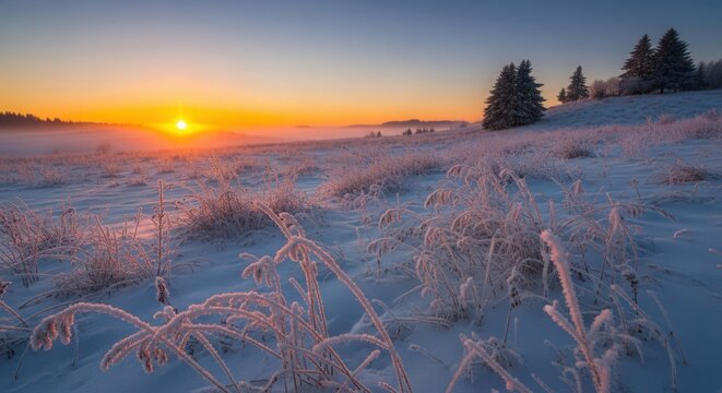 Frosty winter sunrise over a snowcovered field with mist