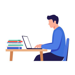 Young man working or studying on a laptop at his desk with a stack of books, flat style vector illustration for e-learning or remote work concept