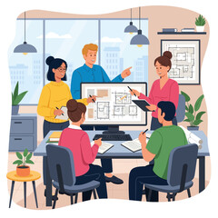 Diverse team of skilled professionals actively collaborating on innovative architectural designs and strategic project development in a modern, engaging office setting