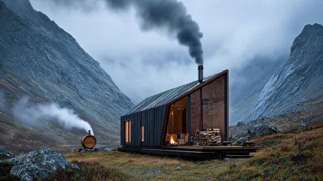 Generative AI. Modern cabin nestled in a mountainous landscape, emitting smoke from chimney, surrounded by rocky terrain and misty peaks, showcasing serene wilderness living and architectural design - Powered by Adobe
