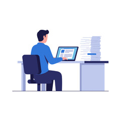 Office Worker at Desk Man Typing on Laptop with Paper Stack - Business Illustration