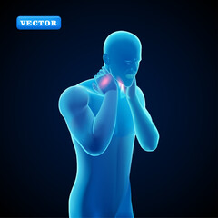 Blue man with neck pain, 3D vector. Suitable for medical and healthcare purposes