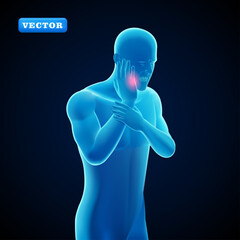 Blue man with pain in molar teeth, 3D vector. Suitable for medical and healthcare purposes
