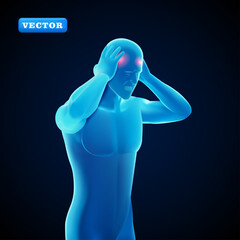 Blue man having a headache, 3D vector. Suitable for medical and health purposes