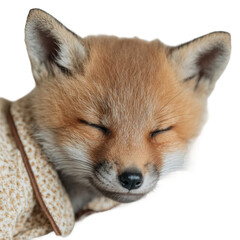 Fototapeta premium Charming baby fox peacefully sleeping, capturing pure tranquility and warmth, perfect for heartwarming projects, cozy designs, and animal-themed content
