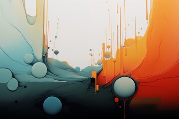 abstract horizontal digital painting of bubbles and straight line drips on white background