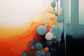 abstract horizontal digital painting of bubbles and straight line drips on white background