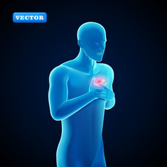 Blue man holding chest in pain, 3D vector. Suitable for medical and health purposes