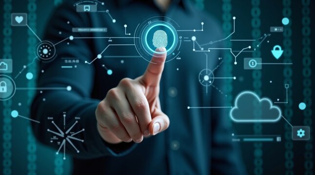 A person's finger touches a glowing fingerprint icon amid futuristic digital interfaces, symbolizing biometric security and tech integration.