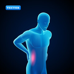 Blue man with back pain, 3D vector. Suitable for medical and healthcare purposes