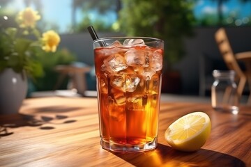 Ice lemon tea drink glass early morning sunny table refreshment ice cubes outside