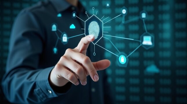 A hand touches a hexagonal glowing fingerprint icon, with connected digital symbols like locks and clouds, representing biometric security in tech.